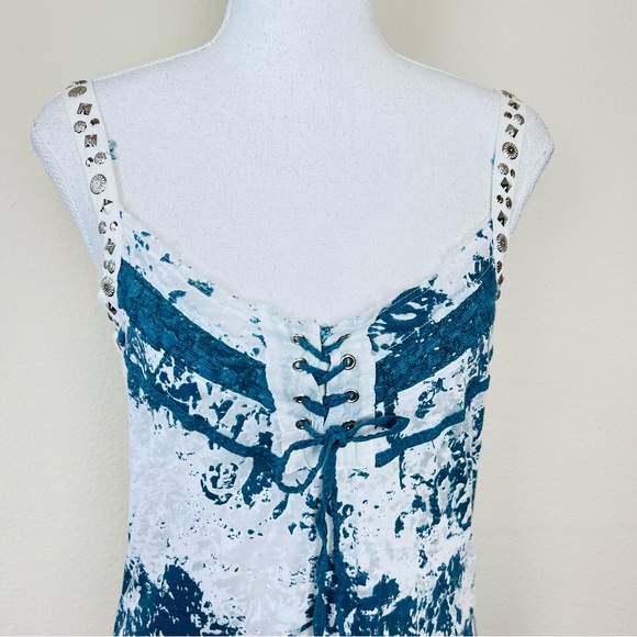 Mürmür White & Blue Burnout Stud Embellished Lace Up Long Tank Top Tunic / Dress - Picture 5 of 11